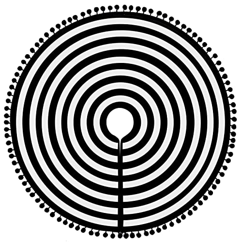 MACTING Christmas Black and White Tree Skirt, 30 Inch Annual Rings Tree Mat with Pom Poms for Xmas Tree Halloween Indoor Home Holiday Party Christmas Decorations - Image 1