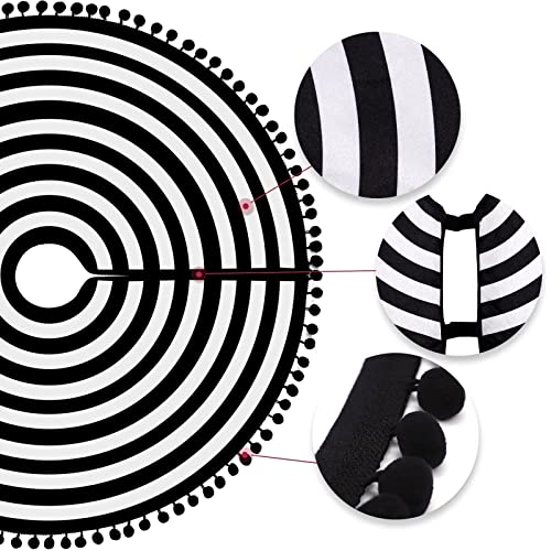 MACTING Christmas Black and White Tree Skirt, 30 Inch Annual Rings Tree Mat with Pom Poms for Xmas Tree Halloween Indoor Home Holiday Party Christmas Decorations - Image 4