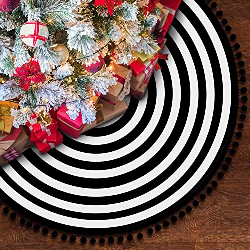MACTING Christmas Black and White Tree Skirt, 30 Inch Annual Rings Tree Mat with Pom Poms for Xmas Tree Halloween Indoor Home Holiday Party Christmas Decorations - Image 3