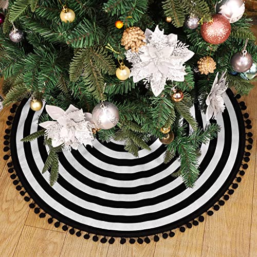 MACTING Christmas Black and White Tree Skirt, 30 Inch Annual Rings Tree Mat with Pom Poms for Xmas Tree Halloween Indoor Home Holiday Party Christmas Decorations - Image 2