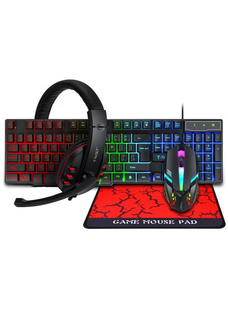 T-WOLF - Wired Gaming Keyboard and Mouse Headset Combo,Rainbow LED Backlit Wired Keyboard,Over Ear Headphone with Mic,Rainbow Backlit Gaming Mice,Mouse Pad,for PC,Laptop,Mac,PS4,Xbox(Black) - Image 1