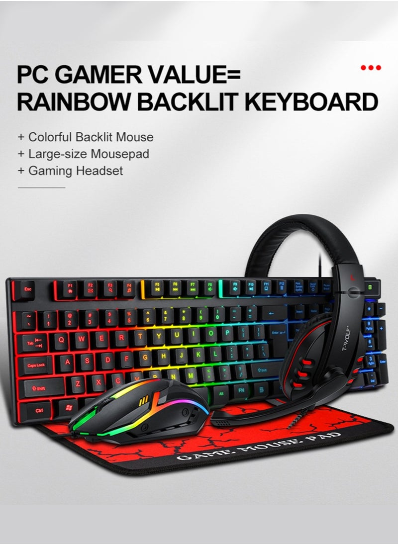 T-WOLF - Wired Gaming Keyboard and Mouse Headset Combo,Rainbow LED Backlit Wired Keyboard,Over Ear Headphone with Mic,Rainbow Backlit Gaming Mice,Mouse Pad,for PC,Laptop,Mac,PS4,Xbox(Black) - Image 1
