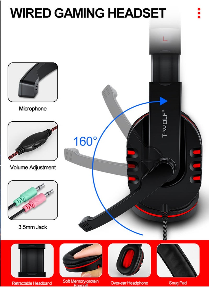T-WOLF - Wired Gaming Keyboard and Mouse Headset Combo,Rainbow LED Backlit Wired Keyboard,Over Ear Headphone with Mic,Rainbow Backlit Gaming Mice,Mouse Pad,for PC,Laptop,Mac,PS4,Xbox(Black) - Image 1