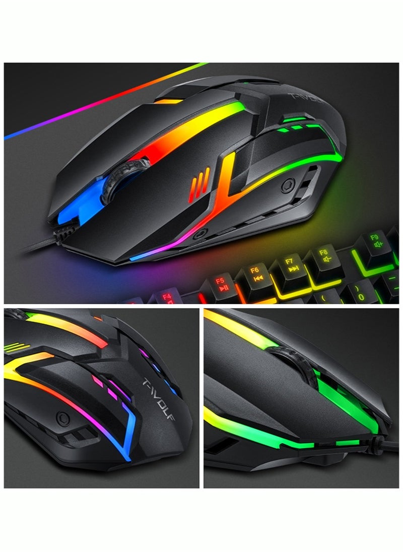 T-WOLF - Wired Gaming Keyboard and Mouse Headset Combo,Rainbow LED Backlit Wired Keyboard,Over Ear Headphone with Mic,Rainbow Backlit Gaming Mice,Mouse Pad,for PC,Laptop,Mac,PS4,Xbox(Black) - Image 1