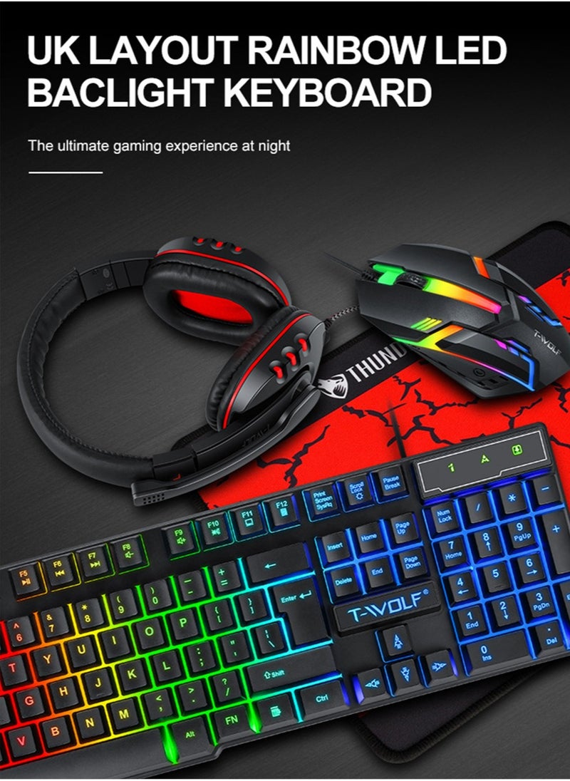 T-WOLF - Wired Gaming Keyboard and Mouse Headset Combo,Rainbow LED Backlit Wired Keyboard,Over Ear Headphone with Mic,Rainbow Backlit Gaming Mice,Mouse Pad,for PC,Laptop,Mac,PS4,Xbox(Black) - Image 1