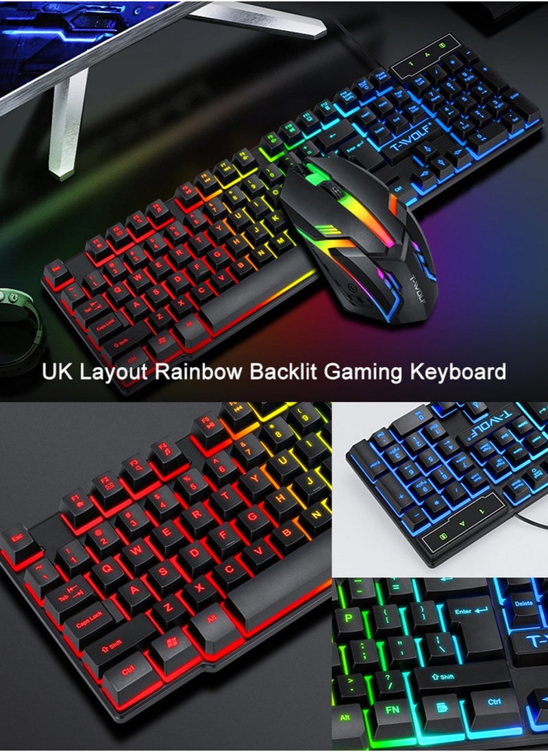 T-WOLF - Wired Gaming Keyboard and Mouse Headset Combo,Rainbow LED Backlit Wired Keyboard,Over Ear Headphone with Mic,Rainbow Backlit Gaming Mice,Mouse Pad,for PC,Laptop,Mac,PS4,Xbox(Black) - Image 1