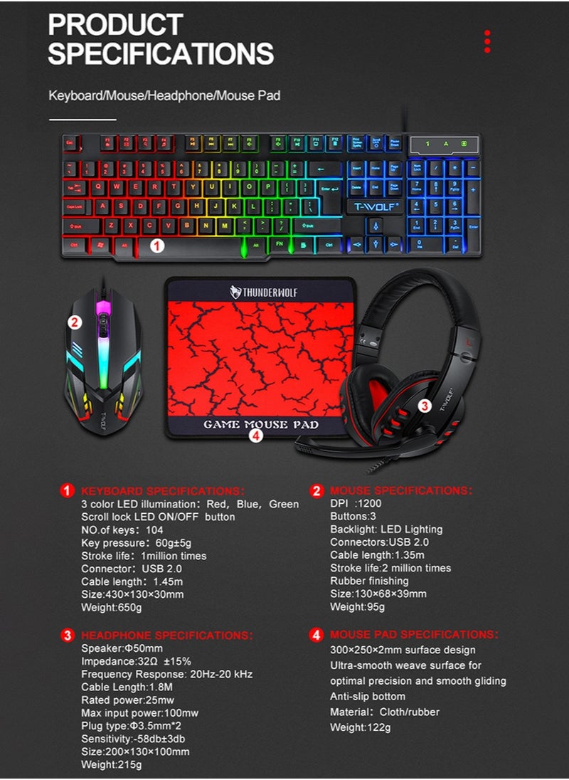 T-WOLF - Wired Gaming Keyboard and Mouse Headset Combo,Rainbow LED Backlit Wired Keyboard,Over Ear Headphone with Mic,Rainbow Backlit Gaming Mice,Mouse Pad,for PC,Laptop,Mac,PS4,Xbox(Black) - Image 1