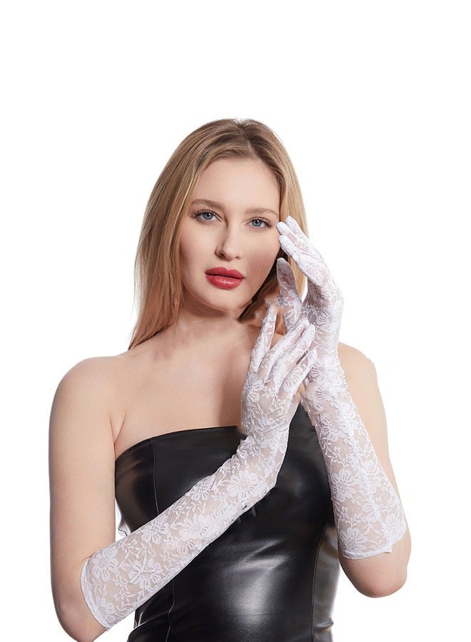 Ocean Ladies Lace Long Gloves,Women's Long Lace Gloves Floral Lace Gloves Bridal Wedding Gloves Prom Opera Mittens Fancy Dress Gloves Sun UV Protection Driving Gloves for Women（white）  - Image 2