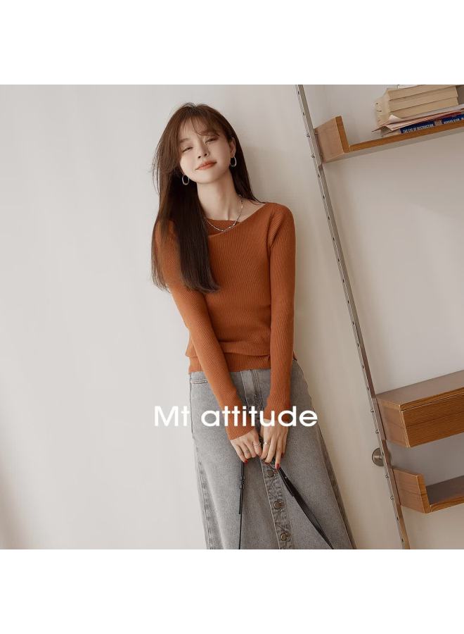 Mt Lazy Style Autumn Romantic Elegant Pleated Asymmetric Neck Pullover Long Sleeve Knit Sweater - Image 1
