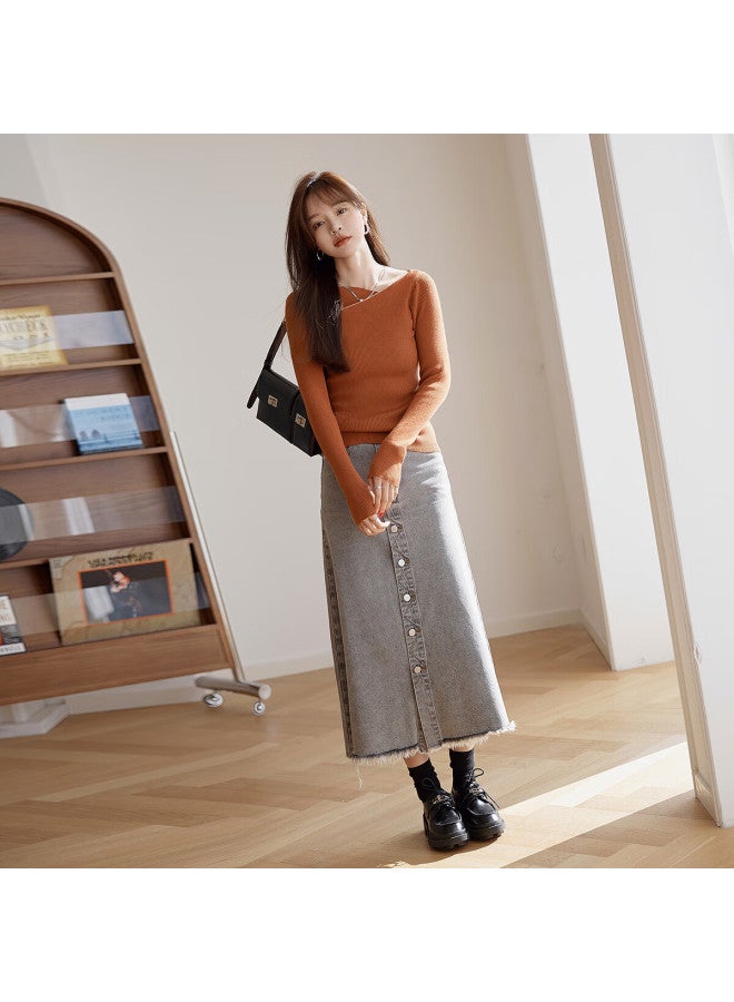 Mt Lazy Style Autumn Romantic Elegant Pleated Asymmetric Neck Pullover Long Sleeve Knit Sweater - Image 4