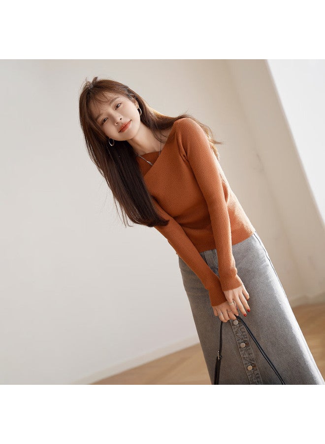 Mt Lazy Style Autumn Romantic Elegant Pleated Asymmetric Neck Pullover Long Sleeve Knit Sweater - Image 3