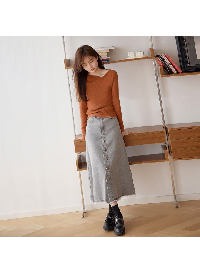 Mt Lazy Style Autumn Romantic Elegant Pleated Asymmetric Neck Pullover Long Sleeve Knit Sweater - Image 2