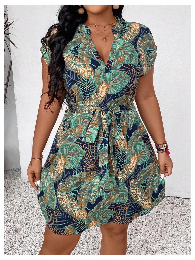 WDIRARA Women's Plus Size Tropical Print Dress Notch Neck Cap Sleeve Boho Dresses with Belt Multicolor 3X-Large Plus - Image 5