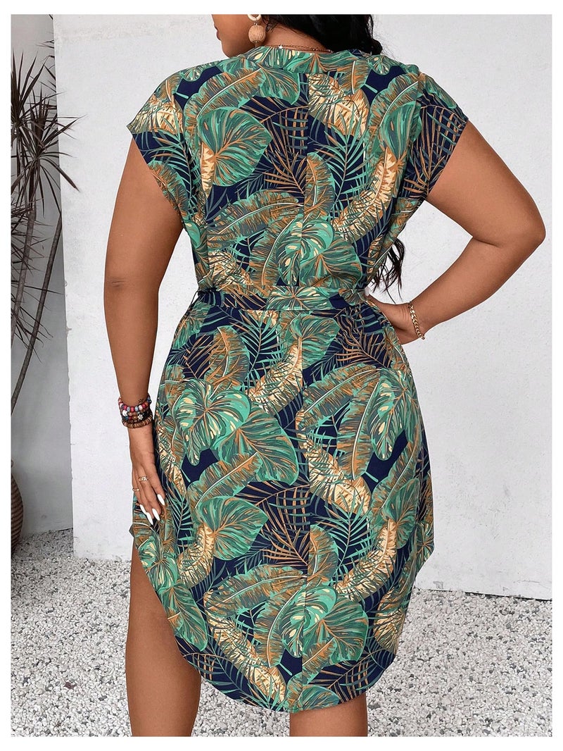 WDIRARA Women's Plus Size Tropical Print Dress Notch Neck Cap Sleeve Boho Dresses with Belt Multicolor 3X-Large Plus - Image 2