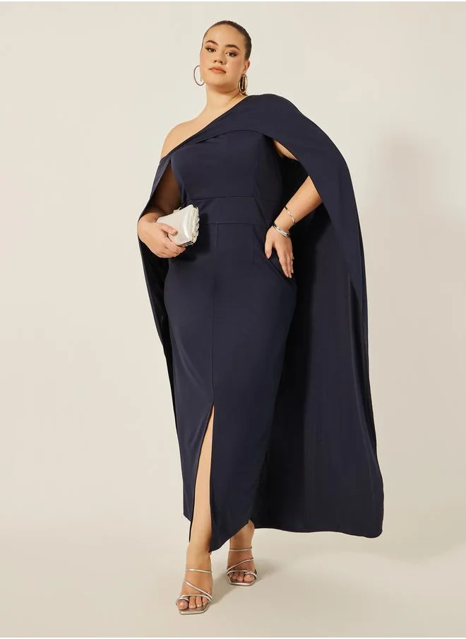 Styli Plain Cape Sleeve Front Slit Maxi Dress