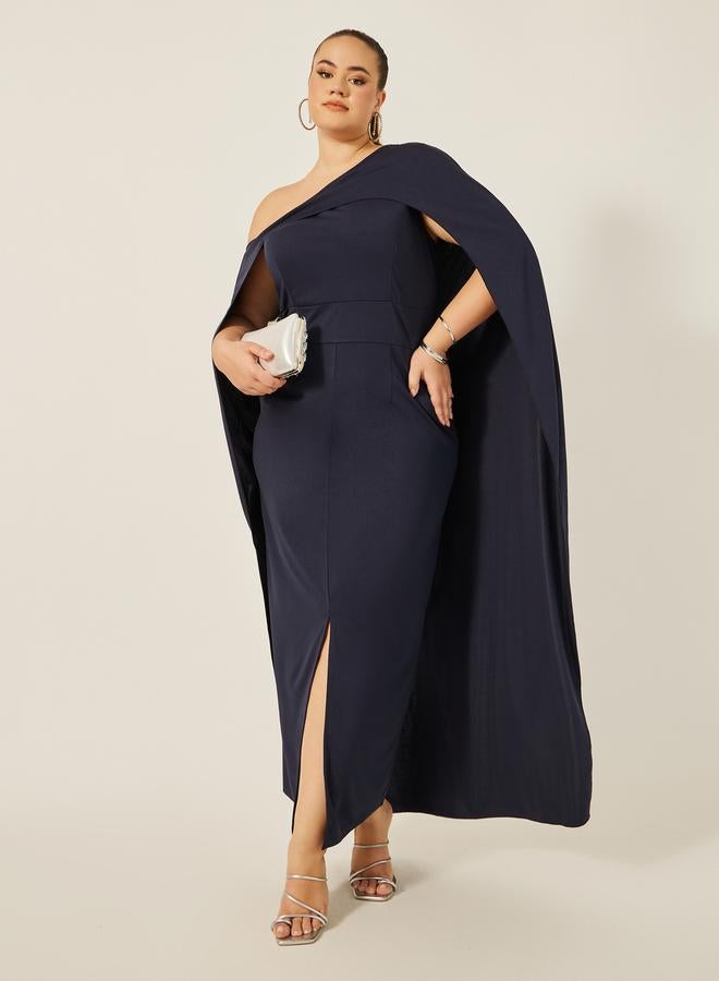 Styli Plain Cape Sleeve Front Slit Maxi Dress  - Image 1