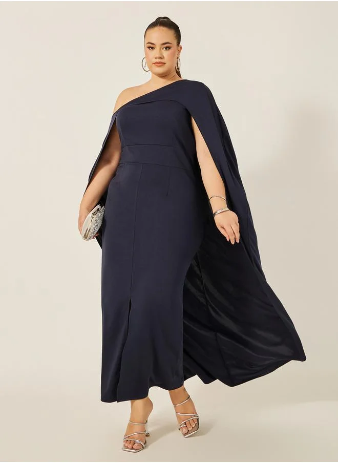 Styli Plain Cape Sleeve Front Slit Maxi Dress