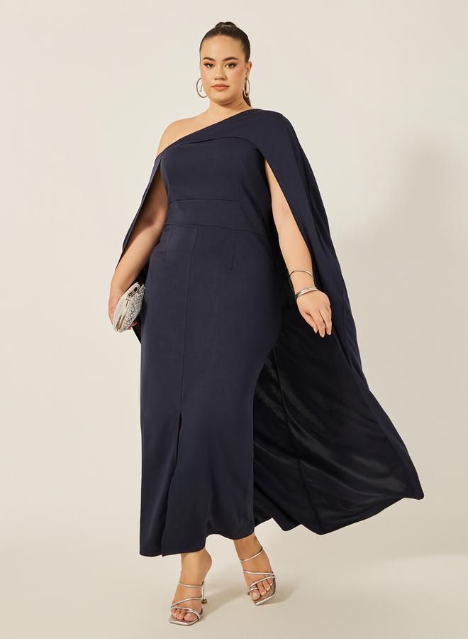 Styli Plain Cape Sleeve Front Slit Maxi Dress  - Image 2