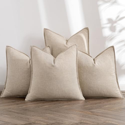 MIULEE Beige Linen Pillow Covers Pack of 4 Decorative Natural Solid Throw Pillow Covers Soft Accent Boho Farmhouse Couch Pillowcases Modern Spring Home Decors for Living Room Bed Sofa 18x18 Inch - Image 1