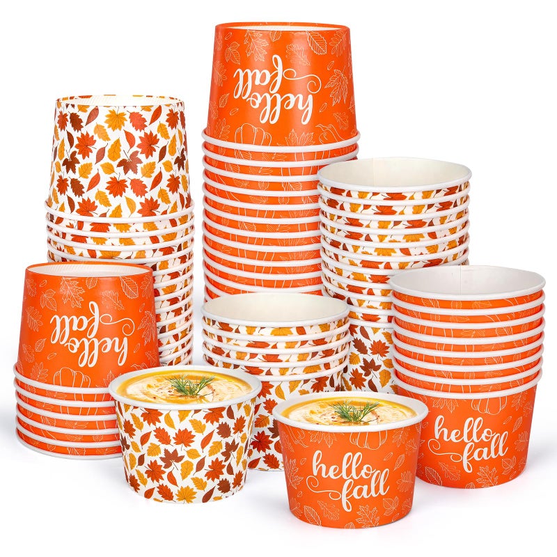 Whaline 60Pcs Fall Treat Snack Cups Maple Leaves Pattern Disposable Paper Bowls 9oz Autumn Leaves Hello Fall Paper Cups Dessert Ice Cream Bowls for Thanksgiving Party Favor Supplies Decor  2 Styles - Image 1