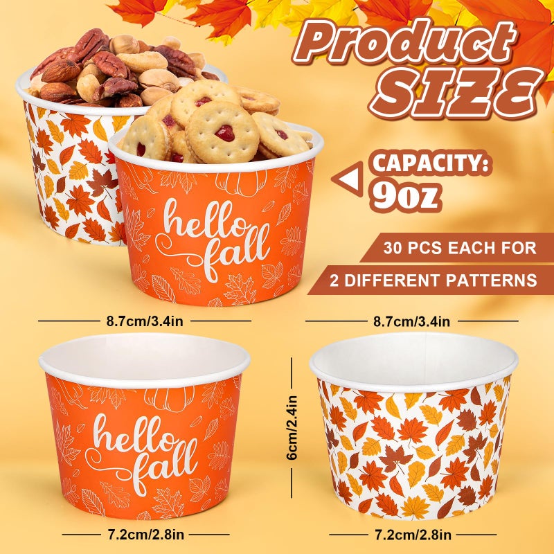 Whaline 60Pcs Fall Treat Snack Cups Maple Leaves Pattern Disposable Paper Bowls 9oz Autumn Leaves Hello Fall Paper Cups Dessert Ice Cream Bowls for Thanksgiving Party Favor Supplies Decor  2 Styles - Image 2