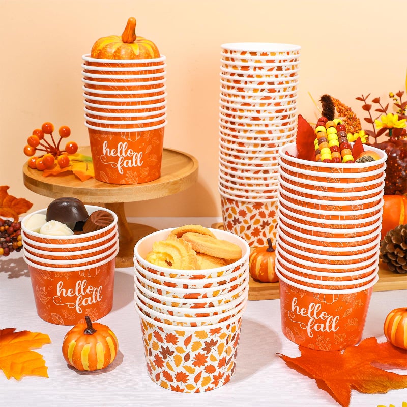 Whaline 60Pcs Fall Treat Snack Cups Maple Leaves Pattern Disposable Paper Bowls 9oz Autumn Leaves Hello Fall Paper Cups Dessert Ice Cream Bowls for Thanksgiving Party Favor Supplies Decor  2 Styles - Image 4