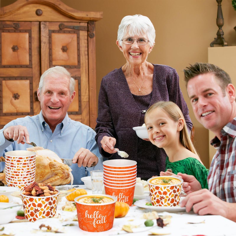 Whaline 60Pcs Fall Treat Snack Cups Maple Leaves Pattern Disposable Paper Bowls 9oz Autumn Leaves Hello Fall Paper Cups Dessert Ice Cream Bowls for Thanksgiving Party Favor Supplies Decor  2 Styles - Image 5