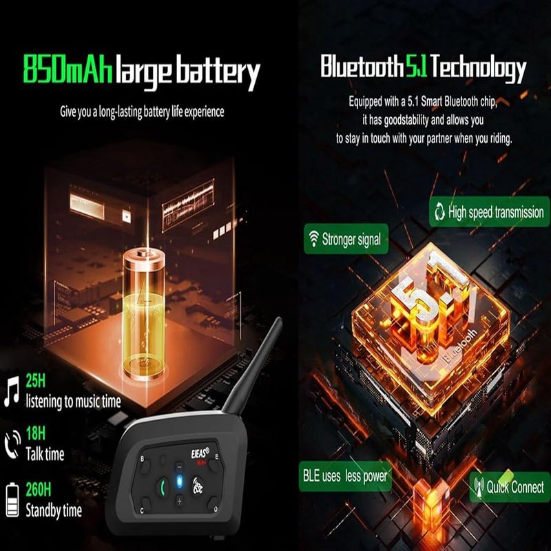 EJEAS V6 Pro Helmet Intercom Communication System V6 Motorcycle Bluetooth On Ear Headphones Connect Up to 6 Riders 1200M V6 Pro(1 Pack) - Image 4
