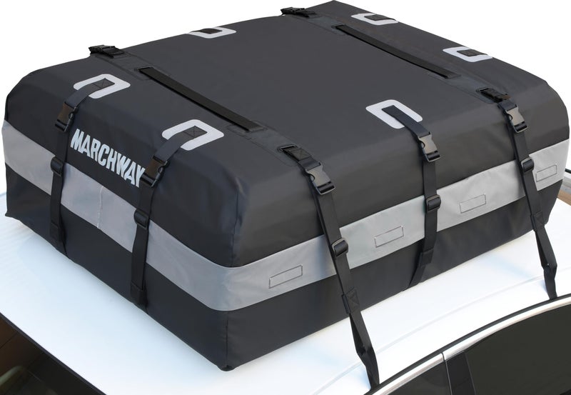 MARCHWAY Waterproof Car Roof Luggage Bag Weatherproof Soft Shell Rooftop Cargo Carrier Bag for Vehicles with or Without Rack 6 Door Hooks Anti Slip Mat Lock Included 15 Cubic Feet Black