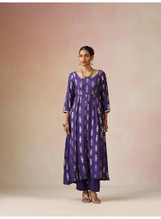 trueBrowns trueBrowns Purple Gold Foil Print Muslin Silk Anarkali Kurta Pants Dupatta Set