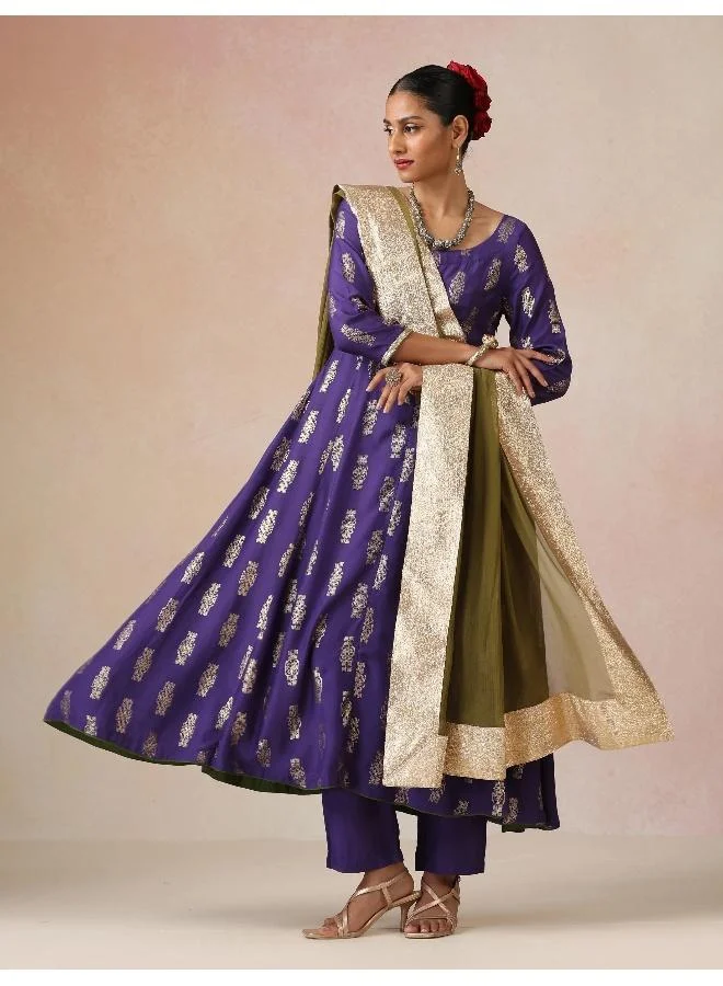 trueBrowns trueBrowns Purple Gold Foil Print Muslin Silk Anarkali Kurta Pants Dupatta Set