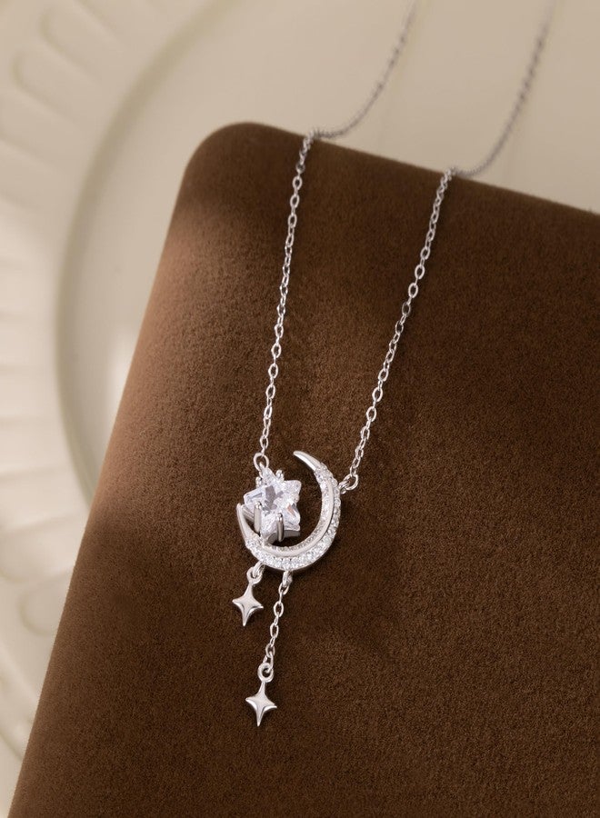 Reffeer Solid 925 Sterling Silver Moon Star Necklace for Women Teen Girls CZ Moon Choker Necklace Dainty Star Pendant Necklace (A-Silver) - Image 5