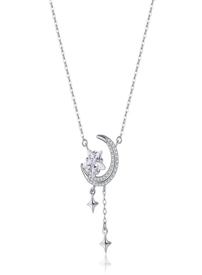Reffeer Solid 925 Sterling Silver Moon Star Necklace for Women Teen Girls CZ Moon Choker Necklace Dainty Star Pendant Necklace (A-Silver) - Image 1