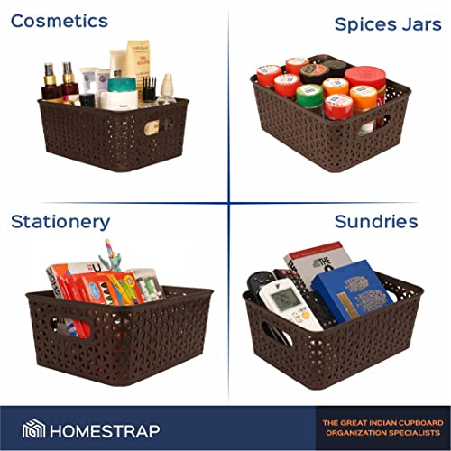 Homestrap Set of 3 Plastic Storage Organizers/Baskets With Lid For Kitchen, Clothes, Multipurpose Vegetables, Toys, Books, office, Stationery, Wardrobe (Small|Brown) Rectangular - Image 5