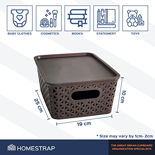 Homestrap Set of 3 Plastic Storage Organizers/Baskets With Lid For Kitchen, Clothes, Multipurpose Vegetables, Toys, Books, office, Stationery, Wardrobe (Small|Brown) Rectangular - Image 2