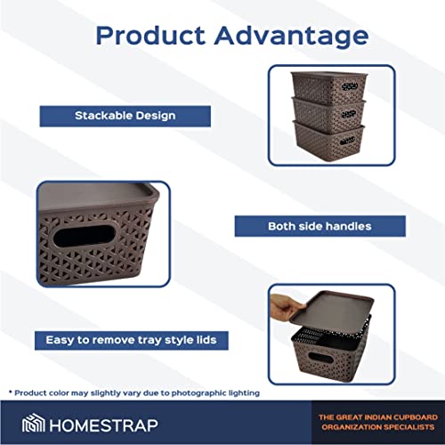 Homestrap Set of 3 Plastic Storage Organizers/Baskets With Lid For Kitchen, Clothes, Multipurpose Vegetables, Toys, Books, office, Stationery, Wardrobe (Small|Brown) Rectangular - Image 3