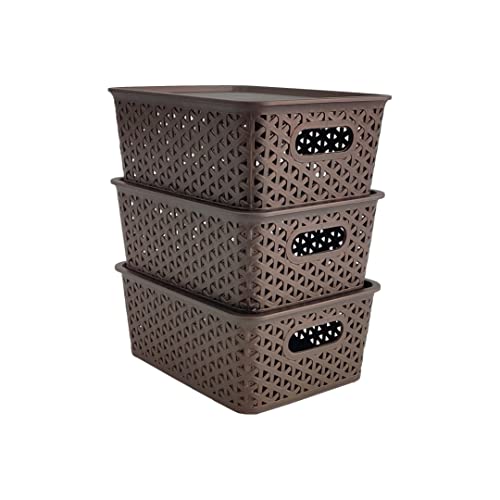 Homestrap Set of 3 Plastic Storage Organizers/Baskets With Lid For Kitchen, Clothes, Multipurpose Vegetables, Toys, Books, office, Stationery, Wardrobe (Small|Brown) Rectangular - Image 1