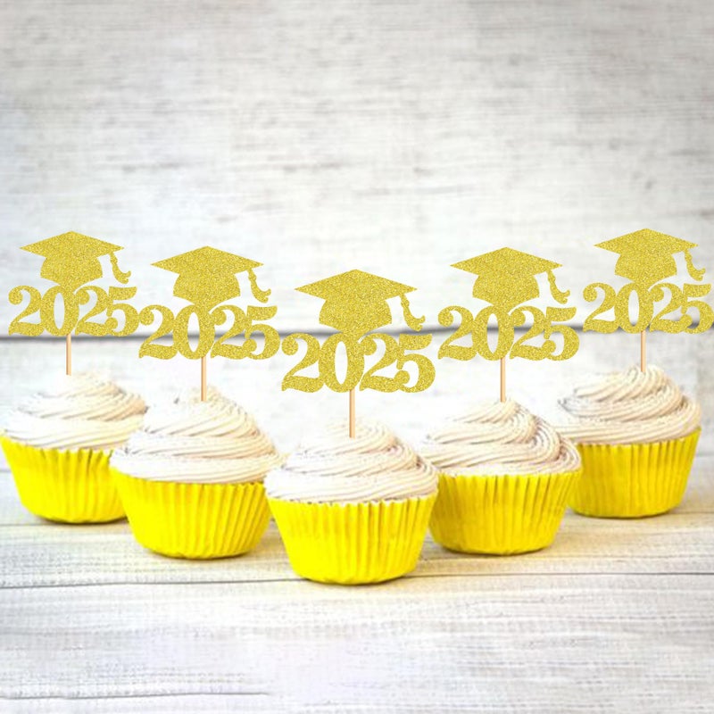 Ercadio 36 Pack Gold Glitter 2025 Graduation Cupcake Toppers Class of 2025 Grad Cap Cake Picks Decorations for 2025 Graduation Theme Party Supplies - Image 3