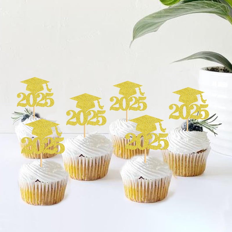 Ercadio 36 Pack Gold Glitter 2025 Graduation Cupcake Toppers Class of 2025 Grad Cap Cake Picks Decorations for 2025 Graduation Theme Party Supplies - Image 4