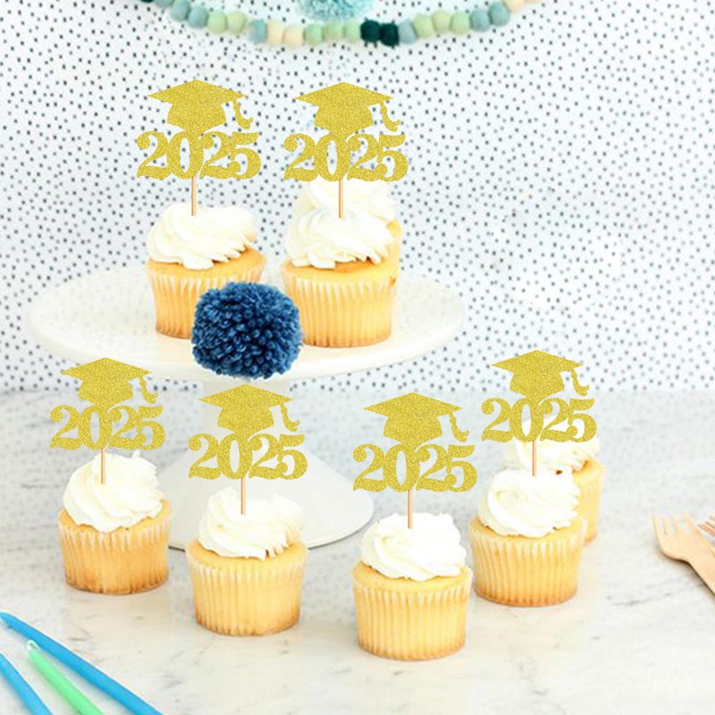 Ercadio 36 Pack Gold Glitter 2025 Graduation Cupcake Toppers Class of 2025 Grad Cap Cake Picks Decorations for 2025 Graduation Theme Party Supplies - Image 5