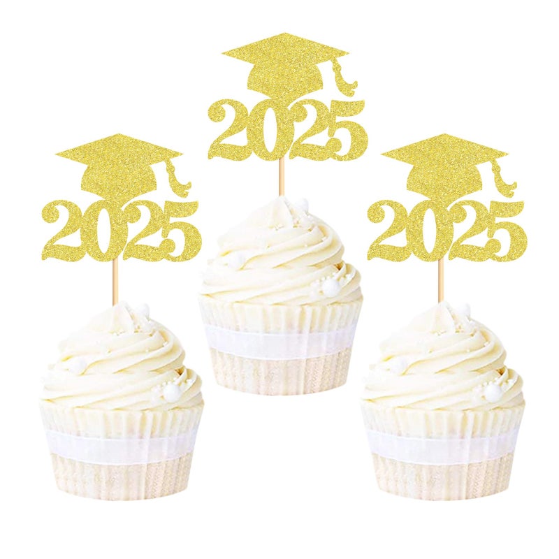 Ercadio 36 Pack Gold Glitter 2025 Graduation Cupcake Toppers Class of 2025 Grad Cap Cake Picks Decorations for 2025 Graduation Theme Party Supplies - Image 1