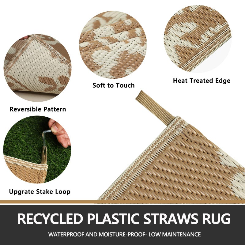 Capslpad 5x8 Outdoor Rug Waterproof Beige Boho Floral Patio Carpet Portable Plastic Straw Rug Foldable Outside Carpet with Carry Bag for RV Backyard Balcony Bench Picnic Porch - Image 3