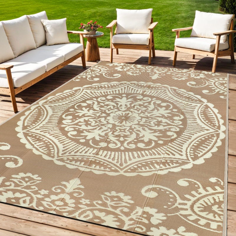 Capslpad 5x8 Outdoor Rug Waterproof Beige Boho Floral Patio Carpet Portable Plastic Straw Rug Foldable Outside Carpet with Carry Bag for RV Backyard Balcony Bench Picnic Porch - Image 1