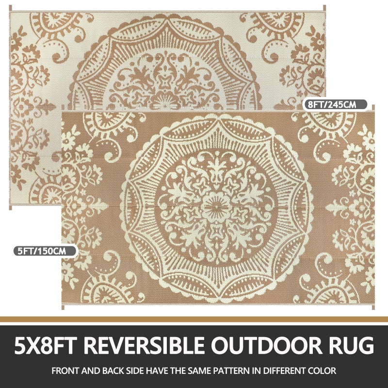 Capslpad 5x8 Outdoor Rug Waterproof Beige Boho Floral Patio Carpet Portable Plastic Straw Rug Foldable Outside Carpet with Carry Bag for RV Backyard Balcony Bench Picnic Porch - Image 2
