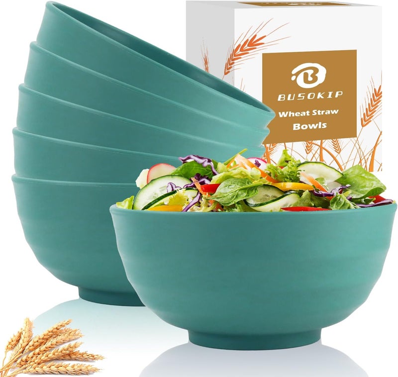 BUSOKIP Wheat Straw Large Bowls 60 OZ, Cereal Bowls Set of 6, Unbreakable and Lightweight Large Serving Bowl for Kitchen, Dorm, Microwave and Dishwasher Safe Big Plastic Bowl Reusable - Green - Image 1