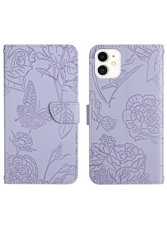 زبون جراب لهاتف iPhone 12 mini مصنوع من الجلد المنقوش بنقشة زهور الفاوانيا على شكل فراشة - Image 1