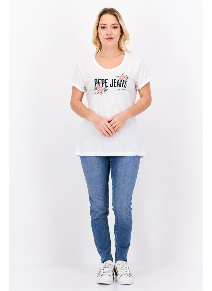 Pepe Jeans Women Round Neck Short Sleeves Graphic Print T-Shirt, Off White  - Image 2