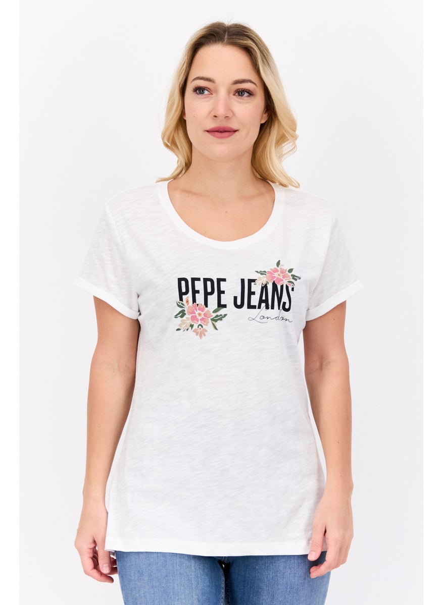 Pepe Jeans Women Round Neck Short Sleeves Graphic Print T-Shirt, Off White  - Image 1