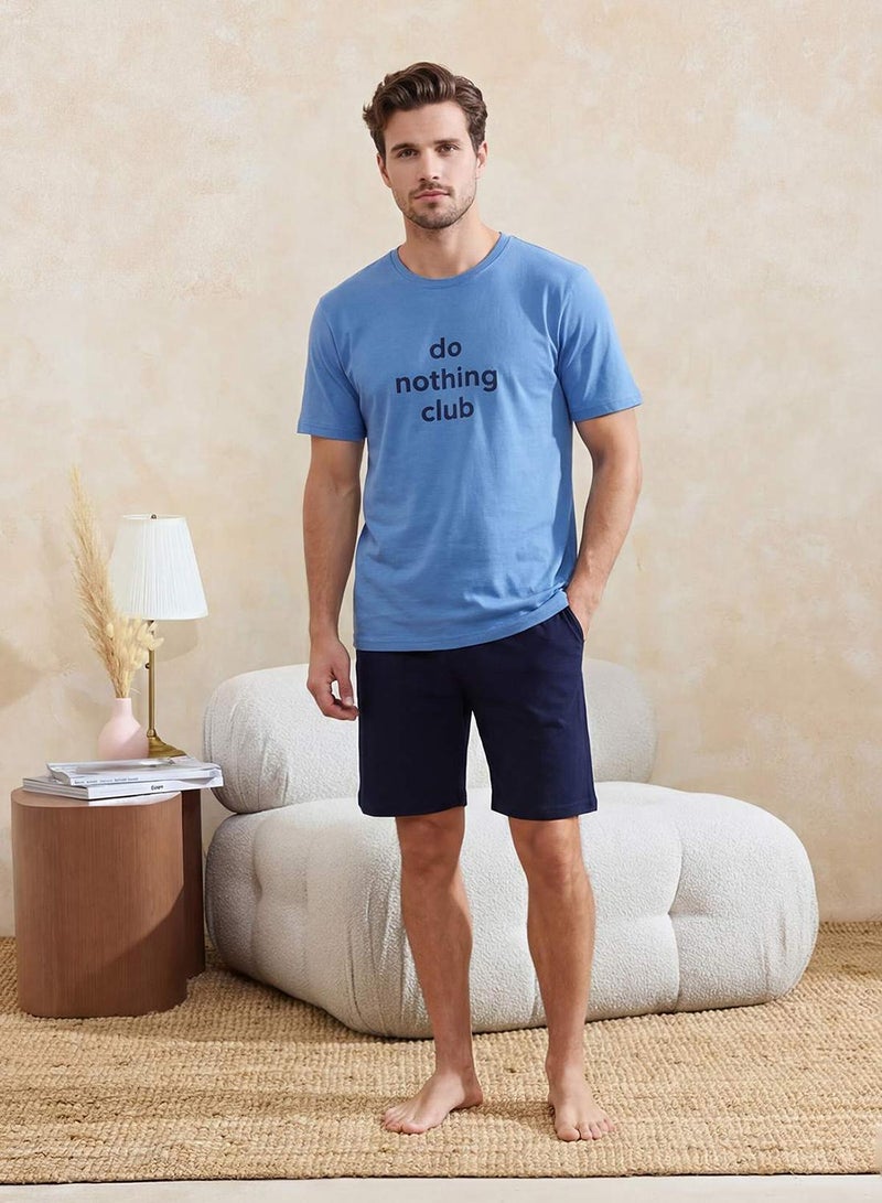 trendyol Mavi Regular Fit Printed 100% Cotton Summer Pajama Set Tmnss26Pt00038 - Image 2