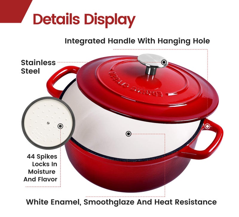 EDGING CASTING Enameled Cast Iron Dutch Oven, 5.5 Quart, Round Dutch Ovens Pot with Dual Handle for Bread Baking, Dutch Ovens with Lid, Bread Oven, Red - Image 4